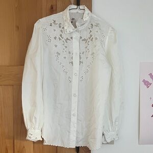 White Embroidered Button-Up Blouse